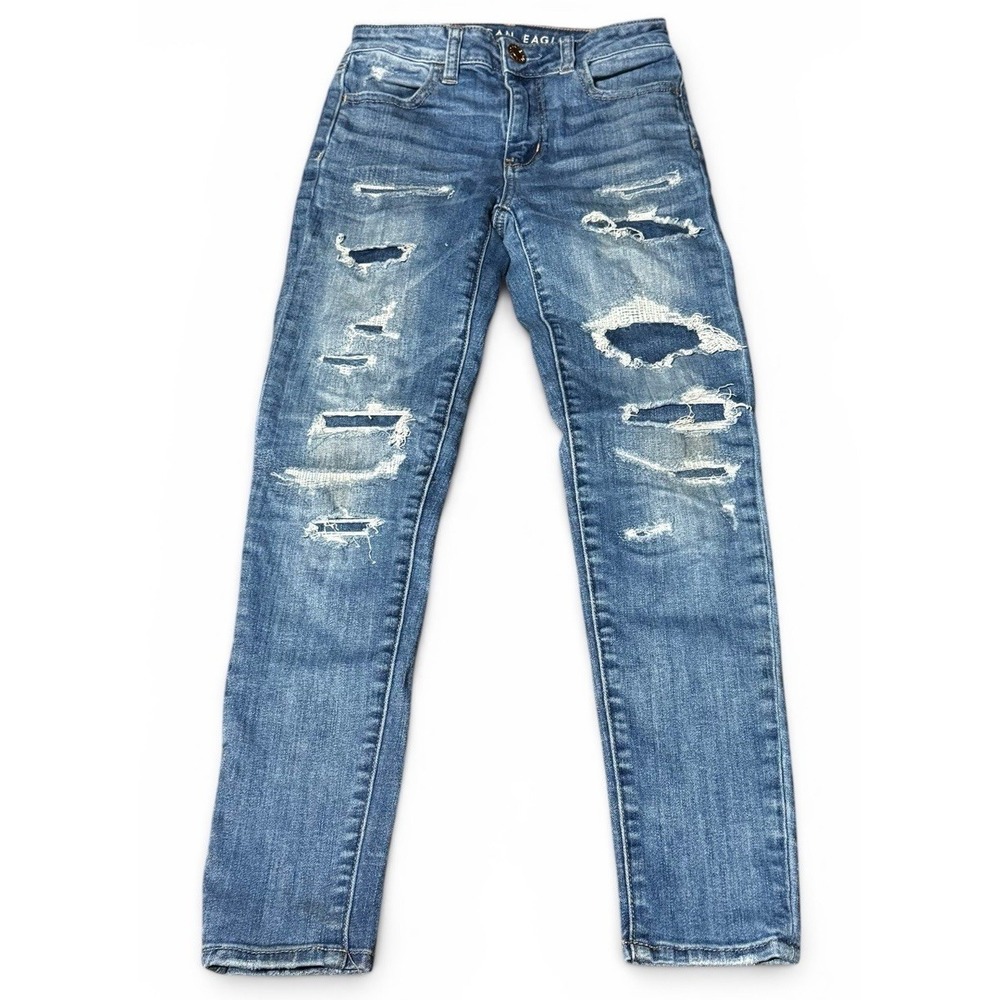 American Eagle Super Stretch Distressed Skinny Jeans Womens Size 0 Blue